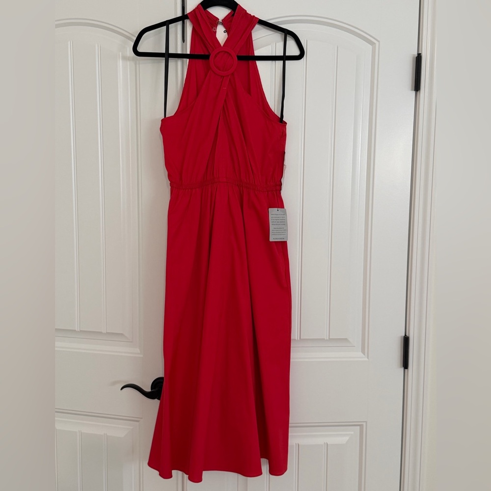 Red Halter Midi Dress with Ring Detail